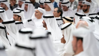 Sheikh Mohamed bin Zayed, Crown Prince of Abu Dhabi and Deputy Supreme Commander of the UAE Armed Forces (C), attends a lecture by Dr Beau Lotto (not shown) titled 'The Science of Innovation: Becoming Naturally Adaptable', at Majls Mohamed bin Zayed. Eissa Al Hammadi / Ministry of Presidential Affairs