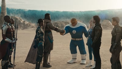 The Dora Milaje, Shuri and M’Baku meet the Thing, Invisible Woman, Winter Soldier, Falcon and Ghost as heroes from different corners of the Marvel universe unite in Avengers: Doomsday. Photo: Marvel Studios