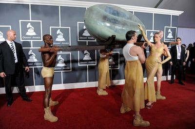 Lady Gaga is carried into the 53rd Grammy Awards in an egg on February 13, 2011. EPA