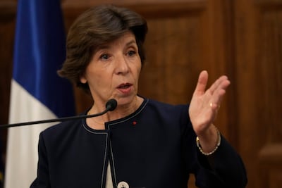 French Foreign Minister Catherine Colonna speaks during a press conference at the Pine Palace, the residence of the French ambassador, in Beirut. AP