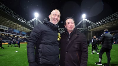 Leicester manager Enzo Maresca and the club's chairman Aiyawatt Srivaddhanaprabha celebrate winning the Championship title. Getty Images