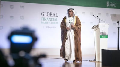 Hussain Al Nowais, chairman of Senaat delivers his keynote address at the opening of Global Financial Markets Forum at Emirates Palace in Abu Dhabi. Silvia Razgova / The National