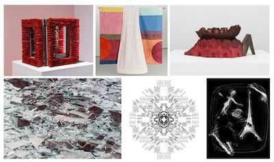 Clockwise from top left, works by Bashaer Hawsawi, Nefeli Papadimouli, Wael Shawky, Maha Malluh, Lulwah Al Homoud and Kader Attia will be on show during the inaugural Art Week Riyadh. Photo: Saudi Arabia's Visual Arts Commission