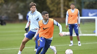 Christian Pulisic on the ball at Chelsea training. Getty