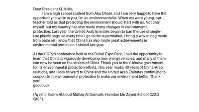 Abu Dhabi pupil Ayesha Al Darmaki writes about visiting China, and learning more about environment protection after attending the Cop28 conference in Dubai.