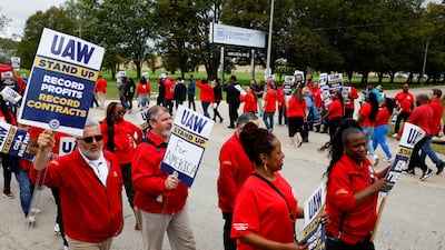 Striking members of the United Auto Workers outside a GM distribution centre in Wayne County, Michigan. Reuters