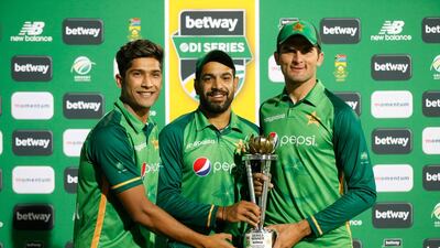 Pakistan' pacers Mohammad Hasnain, left, Haris Rauf, centre, and Shaheen Afridi with the ODI series trophy. AFP