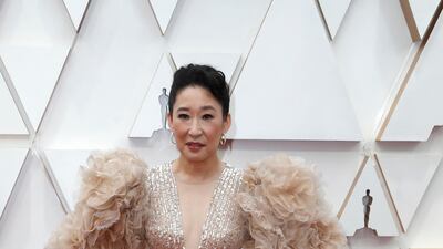 Sandra Oh, wearing Elie Saab, poses on the red carpet during the 92nd Academy Awards in Hollywood on February 9, 2020. Reuters