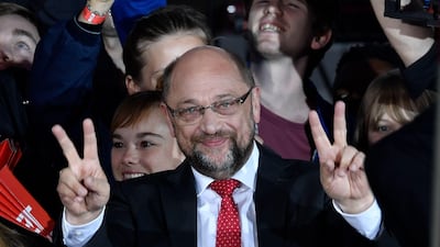 A victory sign in the Gendarmenmarkt Square in Berlin on September 22, 2017 from Martin Schulz, leader of the Social Democrat Party (SPD) and candidate for chancellor of Germany. But with incumbent Angela Merkel far ahead in the polls, that is likely to be as close to victory as he gets. John MacDougall / AFP