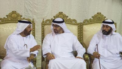 Sheikh Mohammed bin Zayed, Crown Prince of Abu Dhabi and Deputy Supreme Commander of the Armed Forces, offers condolences to the families of Butti A’Ael Mesfer Al Ahbabi and Saad Mohamed Saleh Al Ahbabi, who died in the line of duty while serving in Operation Restoring Hope in Yemen. Mohamed Al Suwaidi / Crown Prince Court - Abu Dhabi