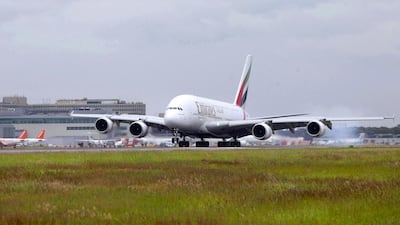 An Emirates A380 lands in London. The Dubai carrier is adding to its A380 fleet this year. Courtesy Emirates