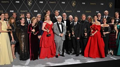 Cast and crew from Succession, winner of Outstanding Drama Series, pose at the 75th Emmy Awards ceremony at the Peacock Theatre in Los Angeles. AFP