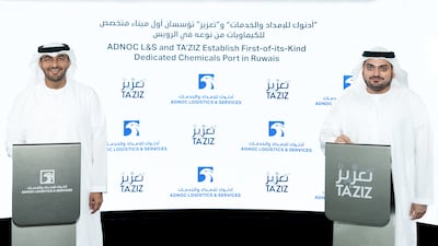 Capt Abdulkareem Al Masabi, chief executive of Adnoc L&S, left, and Mashal Al Kindi, chief executive of Ta’ziz, sign the deal. Photo: Adnoc L&S