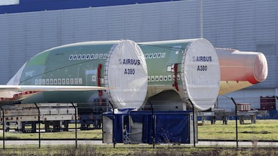 Parts of Airbus A380 airplanes are stocked at the Airbus plant. EPA