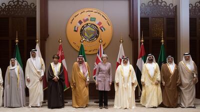 Gulf leaders, including Vice President and Ruler of Dubai Sheikh Mohammed bin Rashid Al Maktoum (third from right), pose for a group shot with British prime minister Theresa May on December 7, 2016, the second day of the GCC summit. Carl Court/Getty Images