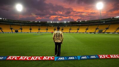 New Zealand's Devon Conway looks on as the sun sets during the T20 match agianst Australia at Sky Stadium in Wellington on Wednesday, March 3. Australia won the game by 64 runs. Getty