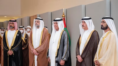 From left, Sheikh Ammar bin Humaid Al Nuaimi, Sheikh Sultan bin Mohammed Al Qasimi, Sheikh Saud bin Saqr Al Qasimi, Sheikh Saud bin Rashid Al Mualla and Sheikh Mohammed bin Rashid. Mohamed Al Hammadi / Ministry of Presidential Affairs
