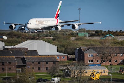 An Emirates A380 aircraft parked at Cornwall Airport Newquay in southwest England on April 6, 2026. AFP