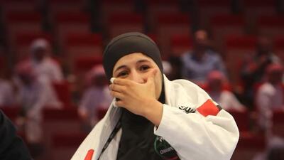 Mahra Al Hinaai of the UAE reacts after defeating Aneta Pokarna of the Czech Republic in the Abu Dhabi World Youth Jiu-Jitsu Championship 2016. Ravindranath / The National