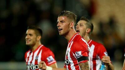 Toby Alderweireld of Southampton celebrates at the final whistle during his side's 1-0 Premier League win over Hull City at the KC Stadium on Saturday. Richard Heathcote / Getty Images / November 1, 2014
