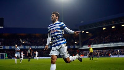Charlie Austin of Queens Park Rangers celebrates scoring his team's second goal in their 2-0 Premier League win over Burnely at Loftus Road on Saturday. Julian Finney / Getty Images