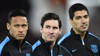 Football Soccer - Arsenal v FC Barcelona - UEFA Champions League Round of 16 First Leg - Emirates Stadium, London, England - 23/2/16Barcelona's Neymar, Lionel Messi and Luis Suarez before the gameReuters / Dylan MartinezLivepicEDITORIAL USE ONLY.