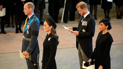 Prince William and Catherine with the Duke and Duchess of Sussex during the Lying-in-State of Queen Elizabeth in the Palace of Westminster in September 2022