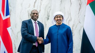 Sheikh Abdullah bin Zayed, Deputy Prime Minister and Minister of Foreign Affairs, with UK Foreign Secretary David Lammy in Abu Dhabi. Photo: WAM