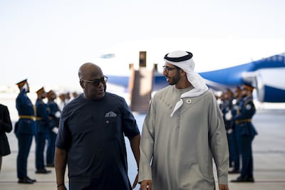 Sheikh Shakhbout bin Nahyan, Minister of State, greets Felix Tshisekedi, President of the Democratic Republic of the Congo, on arrival in the UAE. Abdulla Al Bedwawi / UAE Presidential Court