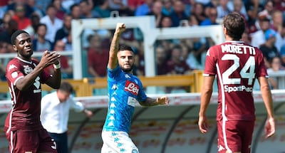 Lorenzo Insigne celebrates after scoring for Napoli in the win over Torino. AP Photo