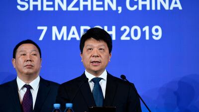 Guo Ping, Huawei's rotating chairman, while announcing a lawsuit against the US Government. AFP