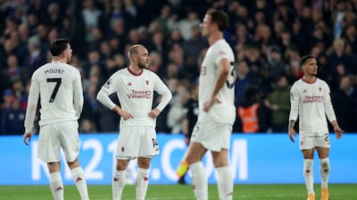 Manchester United players react to Jean-Philippe Mateta scoring Crystal Palace's second goal. Reuters