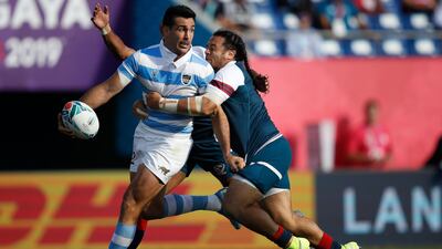 Argentina's centre Jeronimo de la Fuente (L) is tackled by US full back Mike Teo during the Japan 2019 Rugby World Cup Pool C match between Argentina and the United States at the Kumagaya Rugby Stadium in Kumagaya. AFP