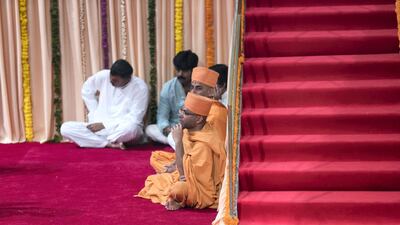 The shilanyas vidhi of the first traditional Hindu temple in the UAE is performed in the holy presence of His Holiness Mahant Swami Maharaj, the spiritual leader of BAPS Swaminarayan Sanstha.
