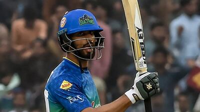 Multan Sultans' captain Shan Masood celebrates after scoring a half century in the PSL match against Karachi Kings in Multan on February 28, 2020. AFP