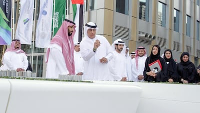 Sheikh Hamdan bin Mohammed, Crown Prince of Dubai, and Saudi Crown Prince Mohammed bin Salman visit the Expo 2020 Dubai site on Thursday. Wam