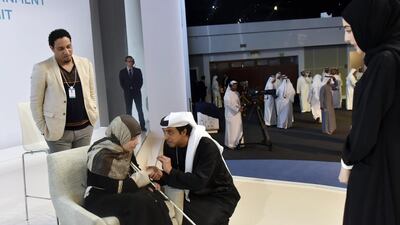 Sheikh Mansour bin Zayed, Deputy Prime Minister and Minister of Presidential Affairs, speaks with Sara, a blind woman from Lebanon, who graduated from Harvard University, and established an association to empower and integrate those with eye-sight difficulties into society. Wam