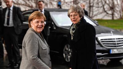 German Chancellor Angela Merkel welcomes Theresa May at the Chancellery in Berlin. EPA