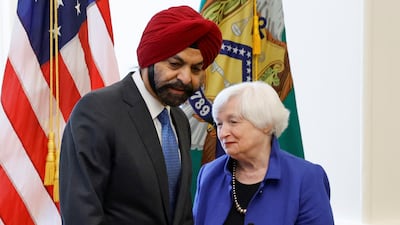 US Treasury Secretary Janet Yellen with incoming World Bank president Ajay Banga at the Treasury Department in Washington. Reuters