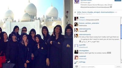 the Instagram photo of Selena Gomez, centre front, with a group of friends at the Sheikh Zayed Grand Mosque. Courtesy of Dev Windsor, Instagram