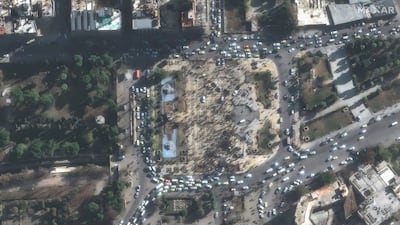 Crowds gathering at Saadallah Al Jabiri Square in Aleppo. AP