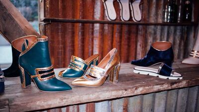 The autumn/winter 2017 collection introduces slides and pumps with metallic, baroque detailing. Courtesy of Malone Souliers