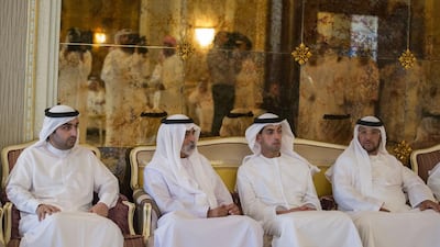 From right to left: Sheikh Mohammed Al Hamed, Sheikh Khaled bin Zayed, Chairman of the Board of Zayed Higher Organization for Humanitarian Care and Special Needs (ZHO), Sheikh Nahyan bin Mubarak, Minister of Culture and Knowledge Development and Sheikh Rashed bin Hamad Al Sharqi, offer condolences on the death of Sheikh Hamdan bin Rashid bin Hamdan bin Mohammed Al Nahyan. Mohamed Al Hammadi / Crown Prince Court - Abu Dhabi