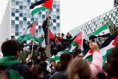 Pro-Palestine demonstrators at the International Criminal Court in The Hague. Reuters