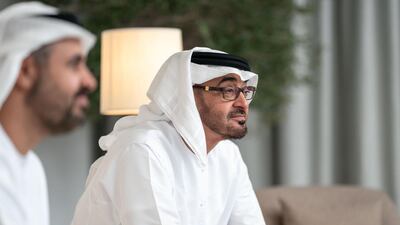 Sheikh Mohamed bin Zayed, Crown Prince of Abu Dhabi and Deputy Supreme Commander of the Armed Forces, pictured with Sheikh Theyab bin Mohamed, chairman of the Abu Dhabi Crown Prince’s Court. Courtesy: Sheikh Mohamed bin Zayed Twitter