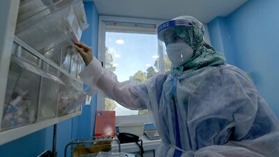 A member of medical staff works in the Covid wards of the el Hadi Flici hospital in Algiers. AP