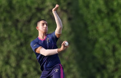Ayaan Misbah bowls during an ECB two-day tournament at the ICC Academy in Dubai. Chris Whiteoak / The National
