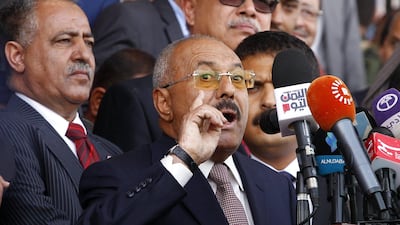 Yemen’s former president Ali Abdullah Saleh has said there wis no dispute between him and the Houthi rebels. In this photo, he is seen delivering a speech during a rally in Sanaa, Yemen on August 24, 2017. Yahya Arhab / EPA