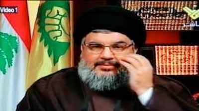 The Hizbollah leader Sayed Hassan Nasrallah speaks during the rare Al Manar television broadcast in Beirut.