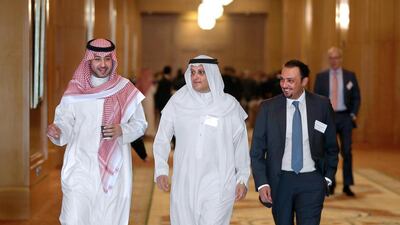 Representatives of AHAB, from left, Mohamed Al Ghamdi, Hamad Al Gosaibi and Mohamed Al Gosaibi before the creditors meeting in Dubai. Pawan Singh / The National
